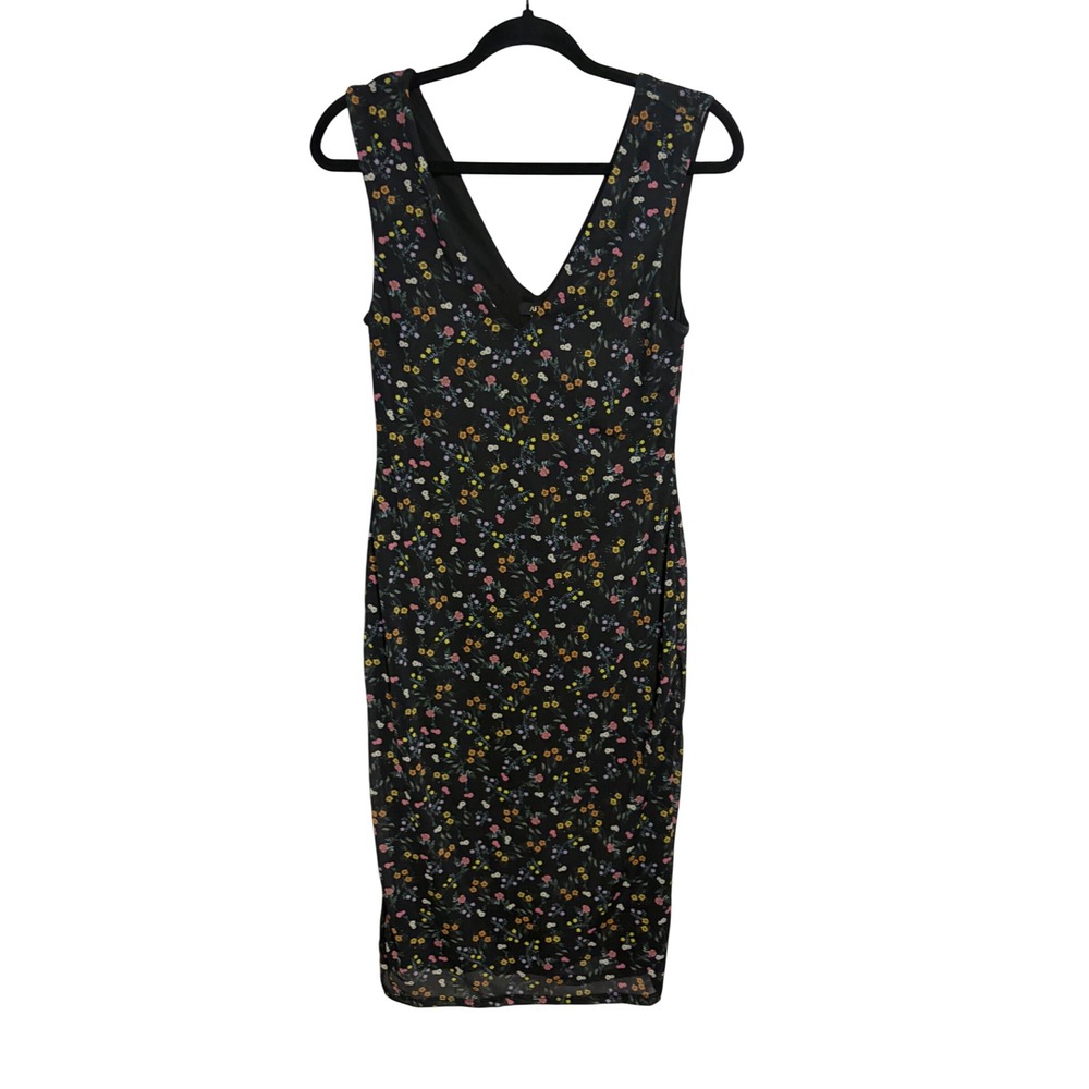 AFRM Midi Dress Wildflower Floral Black Mesh V-Neck Bodycon Size M Aesthetic